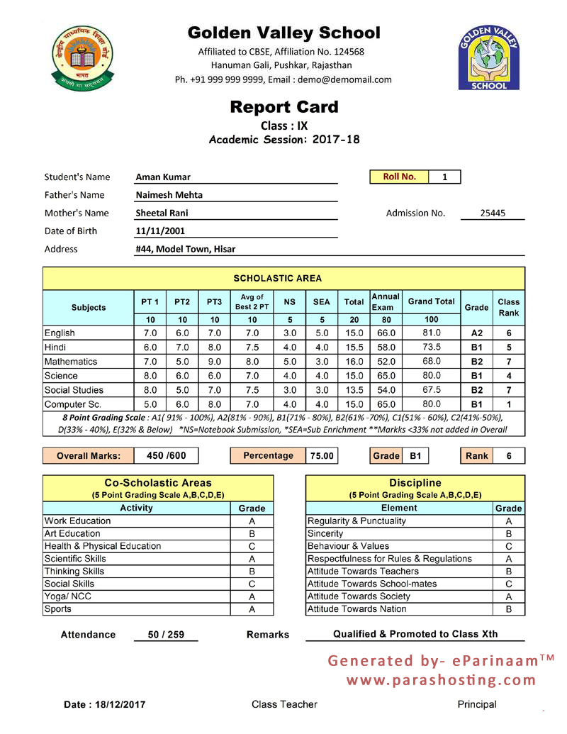 CBSE Report Card Sample Format IX & X Class