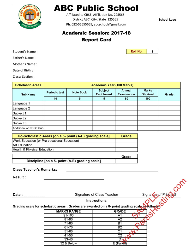 CBSE Report Card Format IX-X