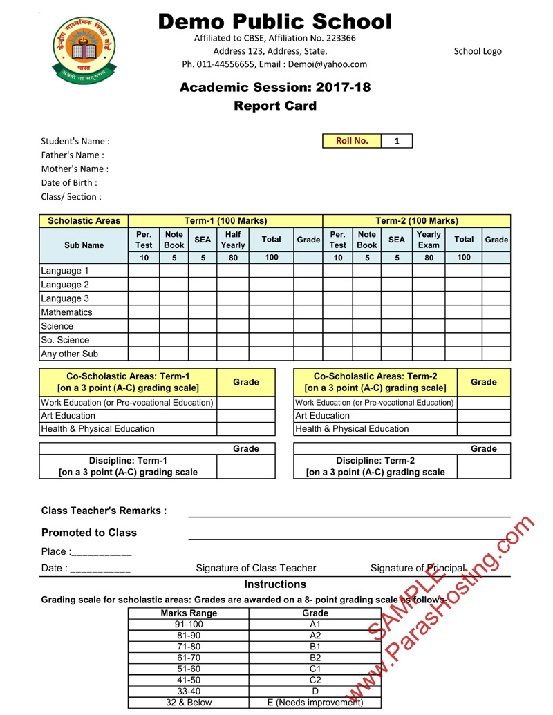 CBSE Report Card Format for class VI to VIII