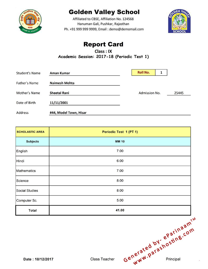 Periodic Test Report Card