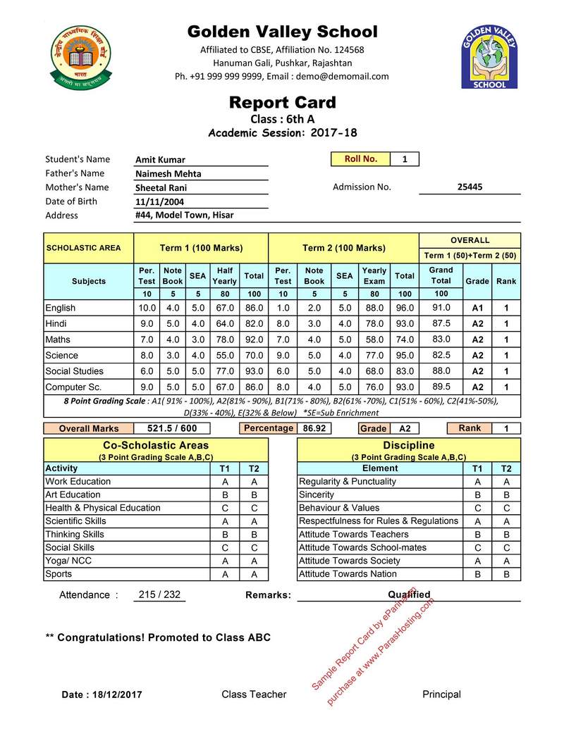 Final Exam Report Card