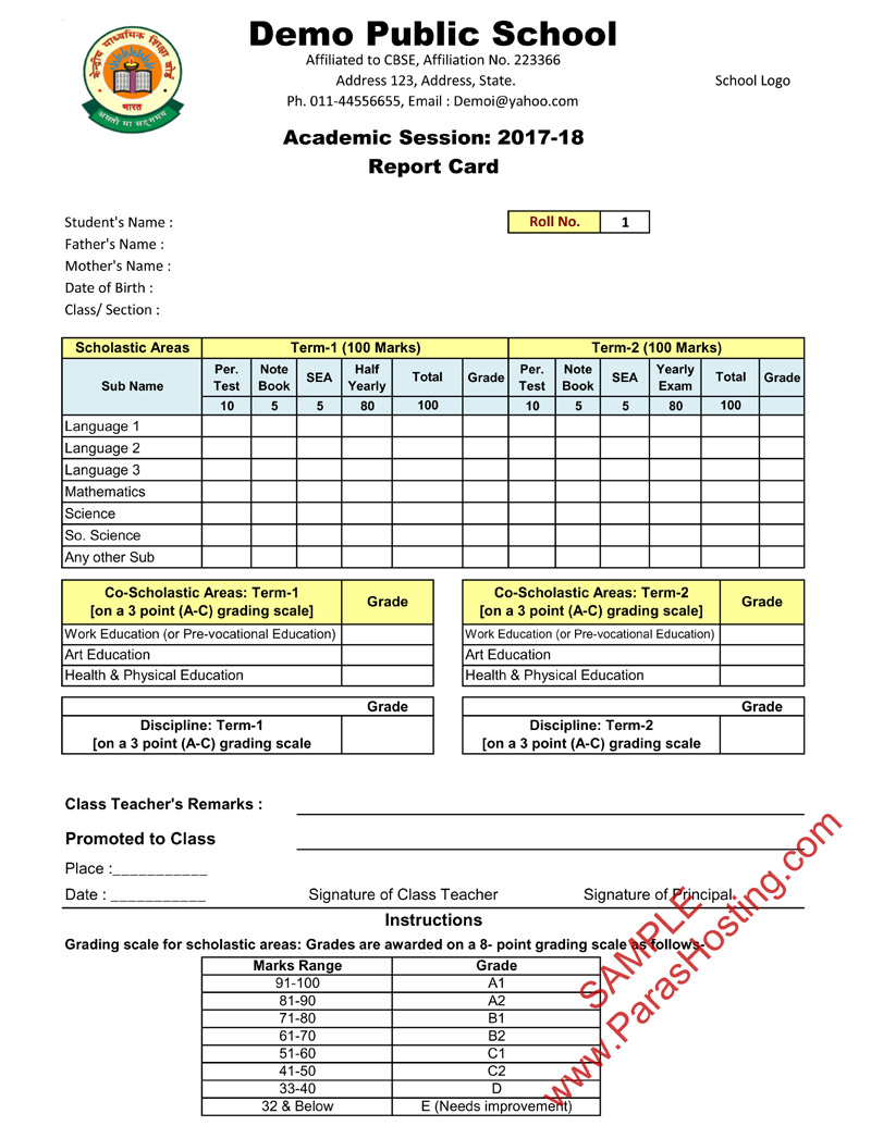 CBSE Report Card Format For Primary Classes I To V