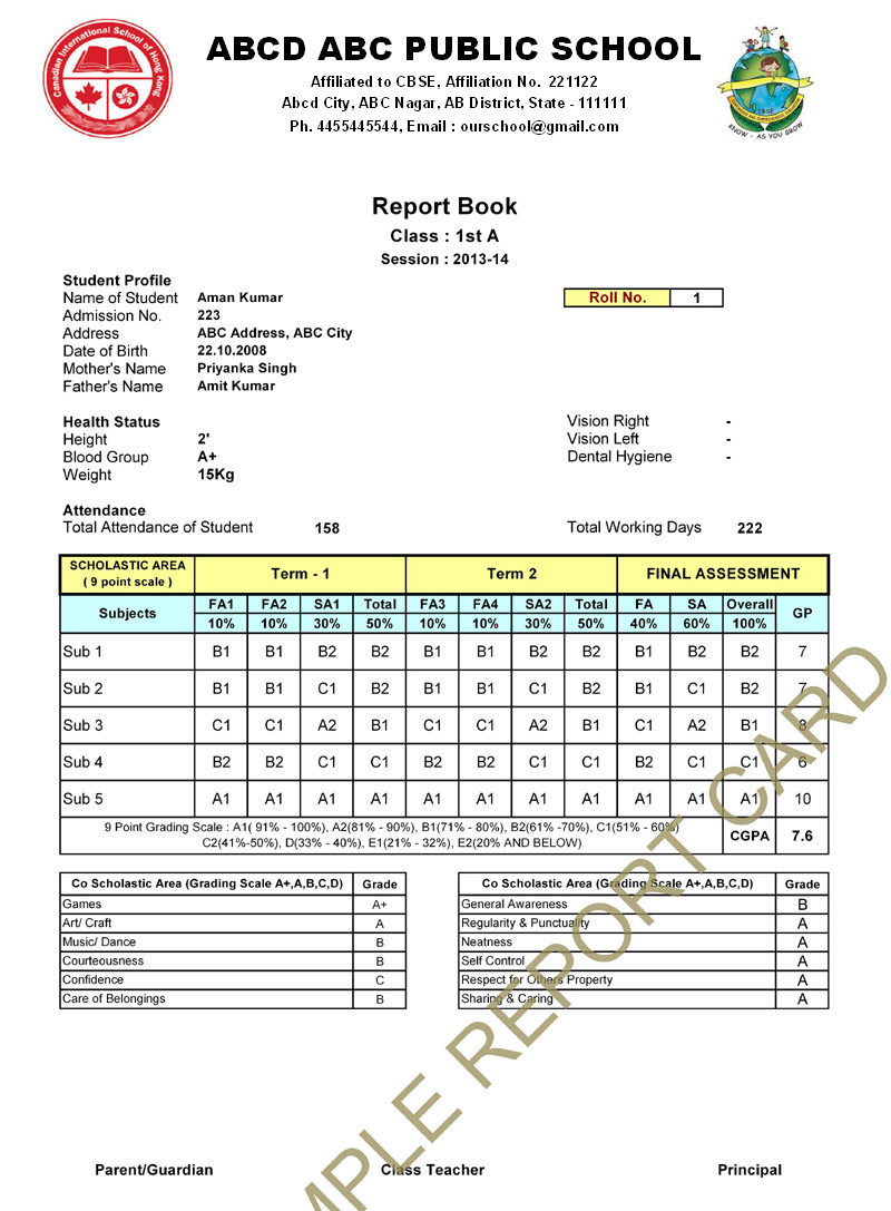 Cbse Report Card Format For Primary Classes I To V
